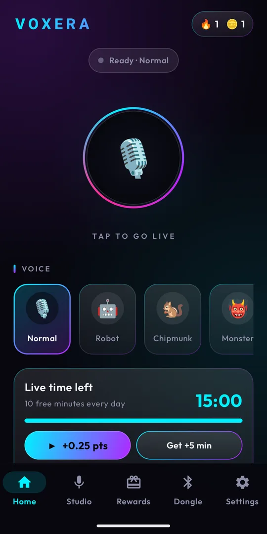 Home: tap the orb to go live