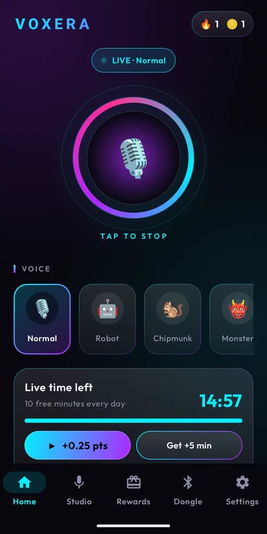 Voxera home screen with live voice on