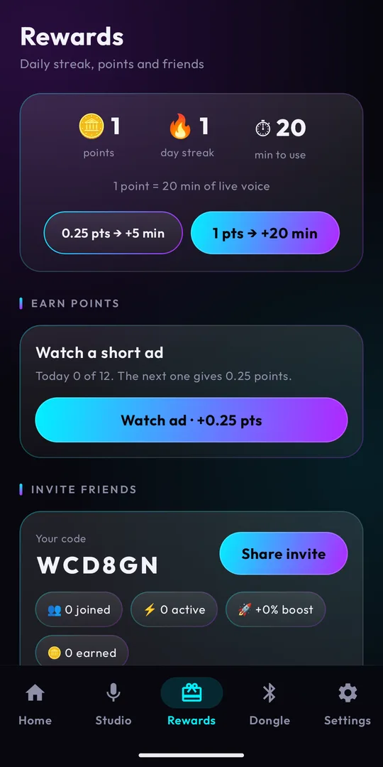 Rewards: streak, points and invites